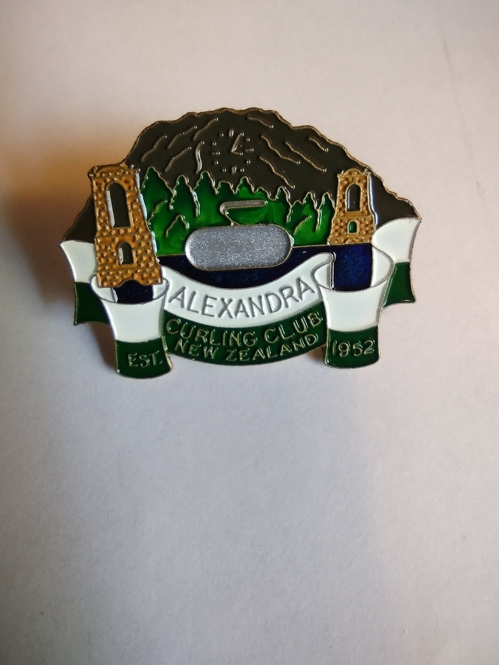 Alexandra Curling Club Enamel Pin - Green, White, Gold